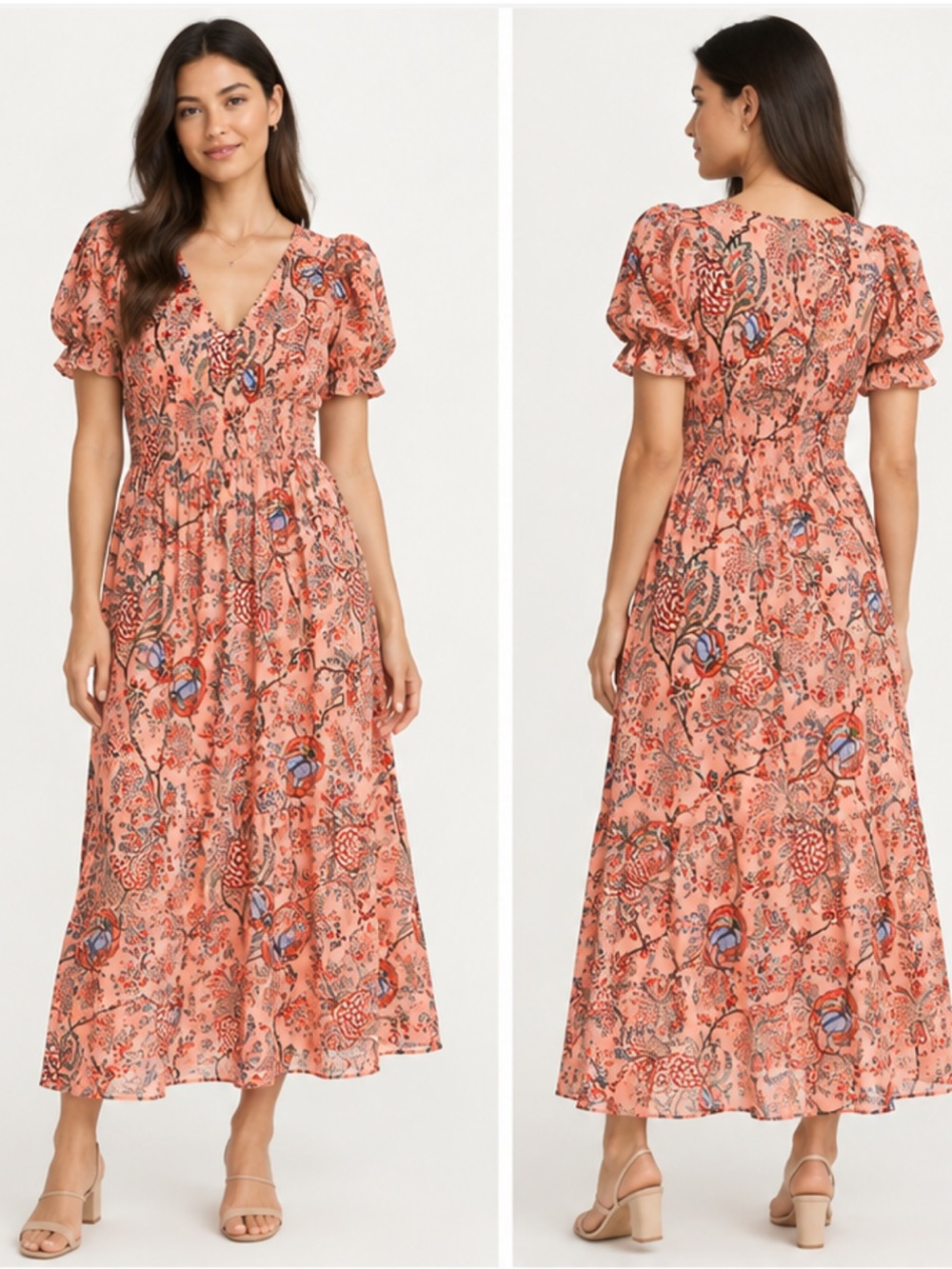 SOMNER size XSMALL Light Pink Peach Floral Smocked Puff Sleeve Boho Dress NEW